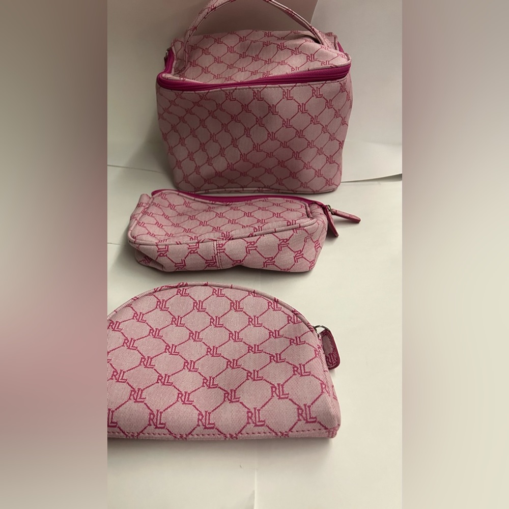 Three New Lauren Ralph Lauren Pink Cosmetic Bags iPhone Bag Signature RL Print - Picture 11 of 16